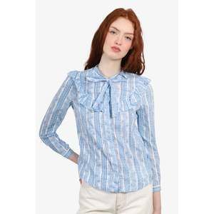 Claudie Pierlot Blue/White Printed Ruffle-Trimmed Blouse